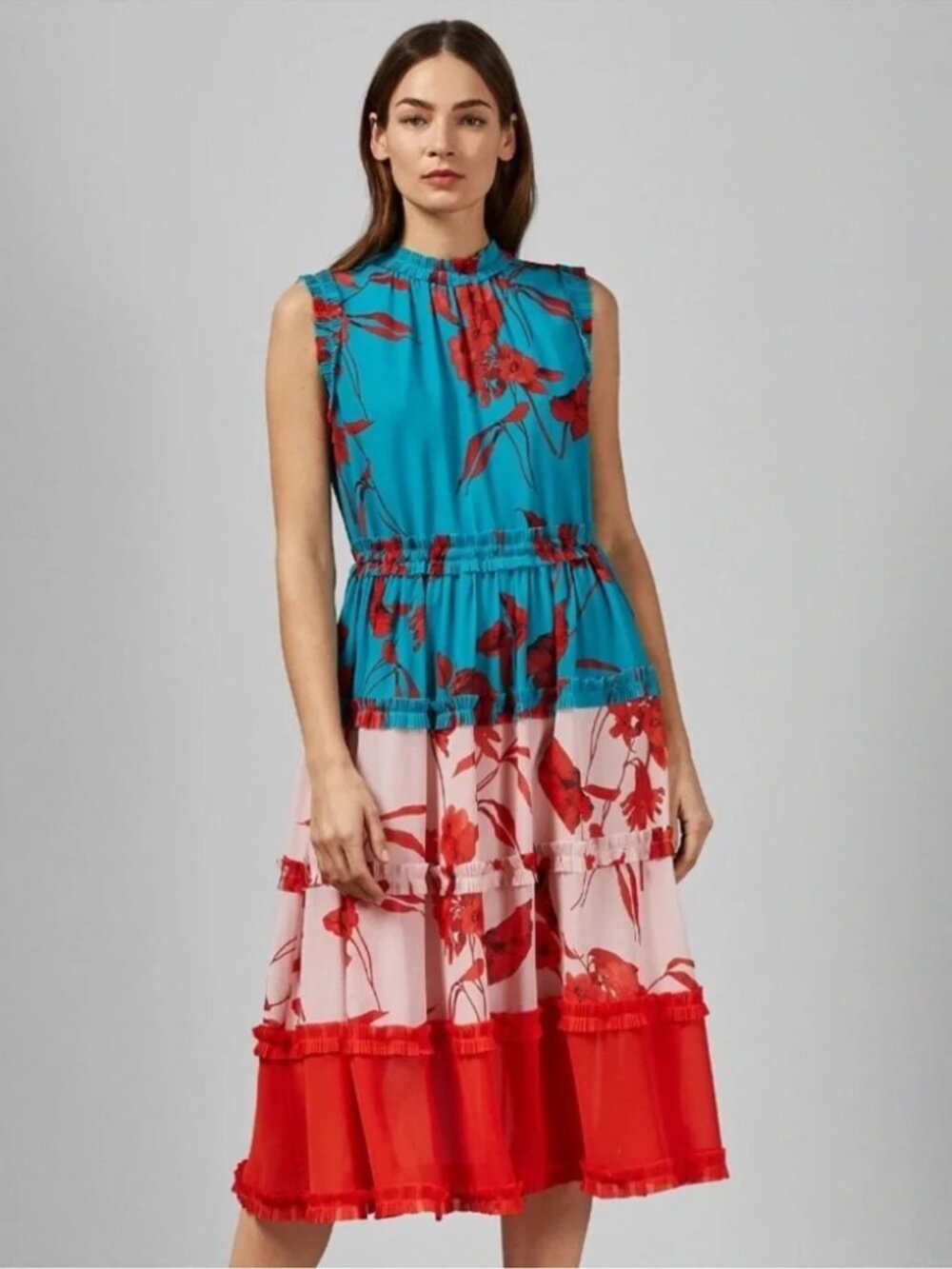 Ted Baker Camelis Fantasia Turquoise Floral Midi Dress 1 US 4 A-Line Mock Neck